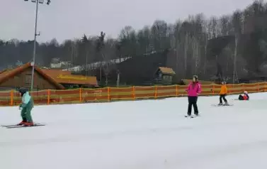 uczniowie pod okiem instruktor&oacute;w uczą się  jeździć na nartach na małym stoku