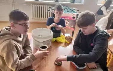 Uczniowie kl 4, 5 i 6 sieją szpinak na lekcji