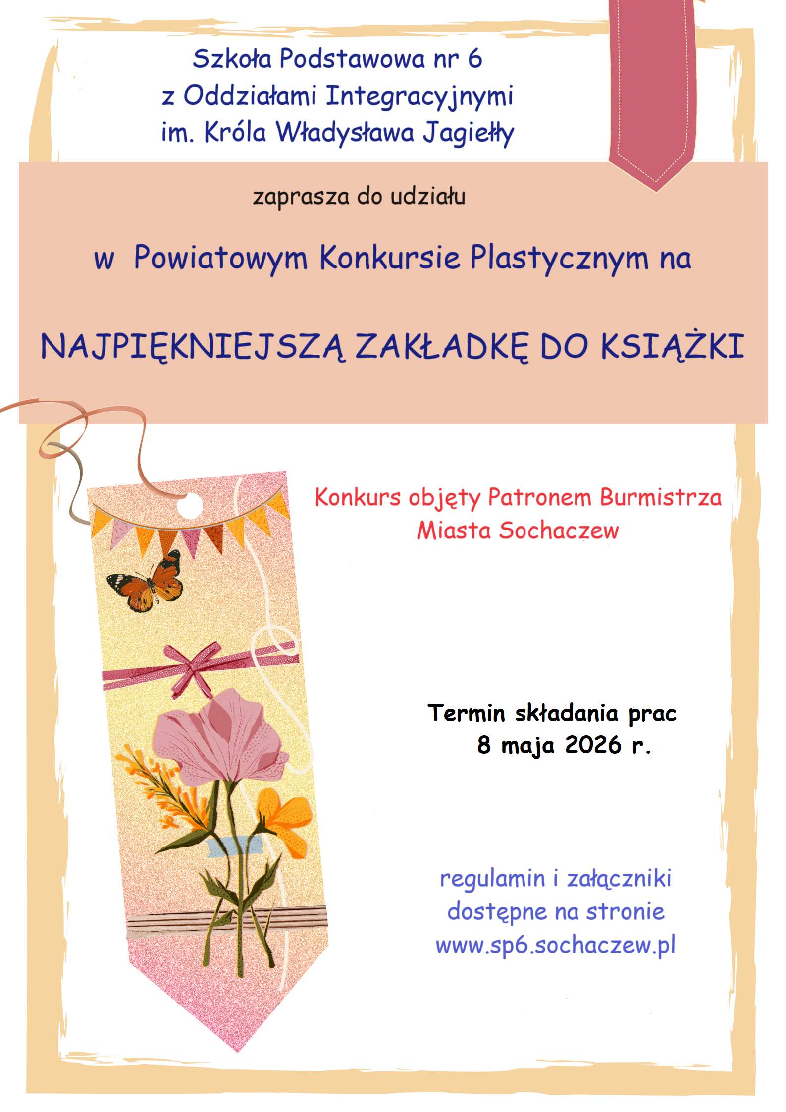 Plakat konkursu Regulamin Powiatowego Konkursu Plastycznego na&nbsp; &bdquo;Najpiękniejsza zakładka do książki&rdquo;